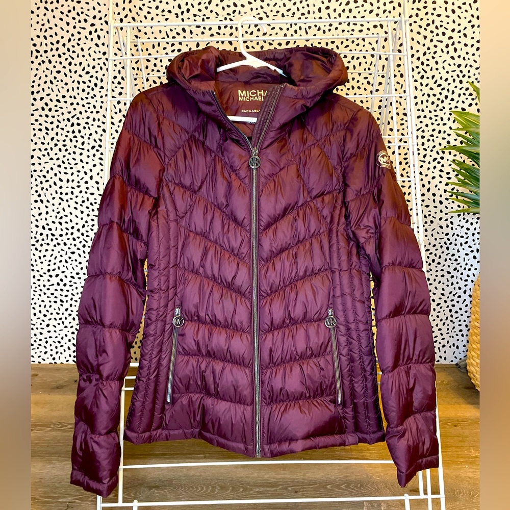 Michael Kors Maroon Quilted Puffer Coat